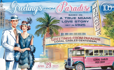 Promotional postcard graphic of Greetings from Paradise show, with a man and woman next to each other with Biltmore Hotel, Miracle Mile Theatre, and a pink bus in the background